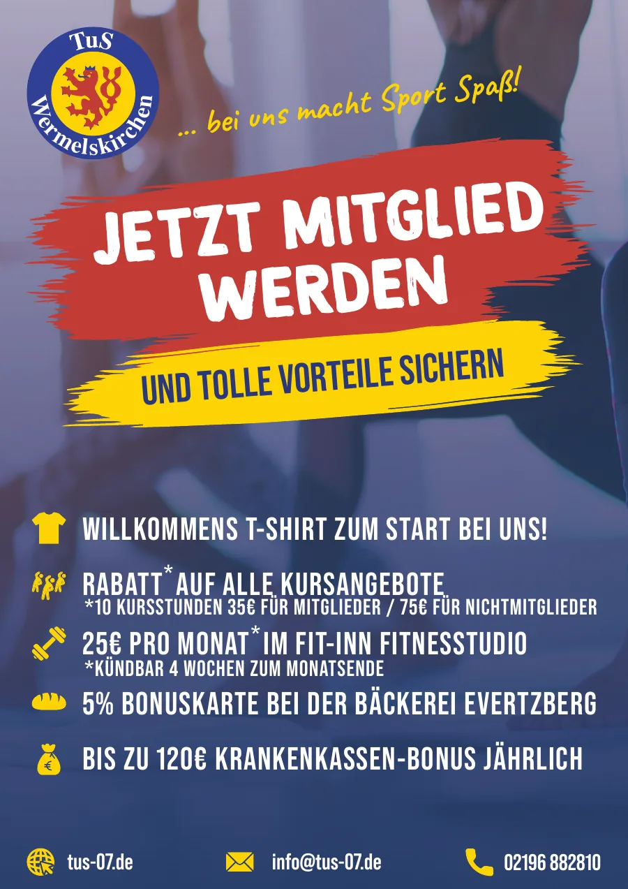 Plakat: Jetzt Mitglied werden und tolle Vorteile sichern – Willkommens-T-Shirt, Rabatt auf alle Kursangebote, 25 € pro Monat im Fit-Inn Fitnessstudio, 5 % Bonuskarte bei der Bäckerei Evertzberg, bis zu 120 € Krankenkassen-Bonus jährlich